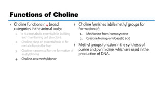 › Choline functions in 4 broad
categories in the animal body:
1. It is a metabolic essential for building
and maintaining cell structure.
2. Choline plays an essential role in fat
metabolism in the liver.
3. Choline is essential for the formation of
acetylcholine
4. Choline acts methyl donor
Functions of Choline
› Choline furnishes labile methyl groups for
formation of;
1. Methionine from homocysteine
2. Creatine from guanidoacetic acid
› Methyl groups function in the synthesis of
purine and pyrimidine, which are used in the
production of DNA.
 