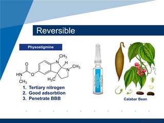 www.company.com 
Reversible 
Physostigmine 
Calabar Bean 
1. Tertiary nitrogen 
2. Good adsorbtion 
3. Penetrate BBB 
 