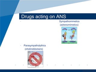 www.company.com 
Drugs acting on ANS 
• Sympathomimetics 
(adrenomimetics) 
• Parasympatholythics 
(cholinoblockers) 
 