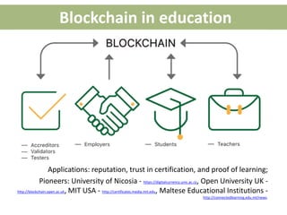 Blockchain in education
Applications: reputation, trust in certification, and proof of learning;
Pioneers: University of N...