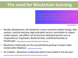 The need for Blockchain learning
http://consensys.net
• Besides development, the blockchain careers comprise product desig...