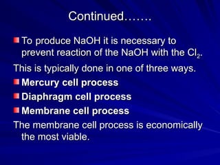 Continued…….
Continued…….
To produce NaOH it is necessary to
To produce NaOH it is necessary to
prevent reaction of the NaOH with the Cl
prevent reaction of the NaOH with the Cl2
2.
.
This is typically done in one of three ways.
This is typically done in one of three ways.
Mercury cell process
Mercury cell process
Diaphragm cell process
Diaphragm cell process
Membrane cell process
Membrane cell process
The membrane cell process is economically
The membrane cell process is economically
the most viable.
the most viable.
 