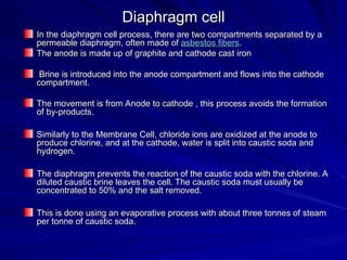 Diaphragm cell
Diaphragm cell
In the diaphragm cell process, there are two compartments separated by a
In the diaphragm cell process, there are two compartments separated by a
permeable diaphragm, often made of
permeable diaphragm, often made of asbestos fibers
asbestos fibers.
.
The anode is made up of graphite and cathode cast iron
The anode is made up of graphite and cathode cast iron
Brine is introduced into the anode compartment and flows into the cathode
Brine is introduced into the anode compartment and flows into the cathode
compartment.
compartment.
The movement is from Anode to cathode , this process avoids the formation
The movement is from Anode to cathode , this process avoids the formation
of by-products.
of by-products.
Similarly to the Membrane Cell, chloride ions are oxidized at the anode to
Similarly to the Membrane Cell, chloride ions are oxidized at the anode to
produce chlorine, and at the cathode, water is split into caustic soda and
produce chlorine, and at the cathode, water is split into caustic soda and
hydrogen.
hydrogen.
The diaphragm prevents the reaction of the caustic soda with the chlorine. A
The diaphragm prevents the reaction of the caustic soda with the chlorine. A
diluted caustic brine leaves the cell. The caustic soda must usually be
diluted caustic brine leaves the cell. The caustic soda must usually be
concentrated to 50% and the salt removed.
concentrated to 50% and the salt removed.
This is done using an evaporative process with about three tonnes of steam
This is done using an evaporative process with about three tonnes of steam
per tonne of caustic soda.
per tonne of caustic soda.
 