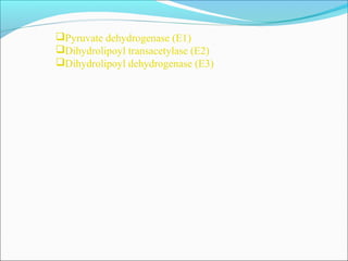 Pyruvate dehydrogenase (E1)
Dihydrolipoyl transacetylase (E2)
Dihydrolipoyl dehydrogenase (E3)
 