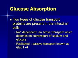 Glucose Absorption
 Two types of glucose transport
proteins are present in the intestinal
cells
– Na+ dependent: an active transport which
depends on cotransport of sodium and
glucose
– Facilitated : passive transport known as
Glut 1 -4
 