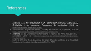 Referencias
• Anónimo (s.f.). INTRODUCCION A LA PEDAGOGIA. BIOGRAFIA DE NOAM
CHOMSKY - ppt descargar. Recuperado 24 noviembre, 2019, de
https://slideplayer.es/slide/1101480/
• Anónimo (s.f.). Biografía de Noam Chomsky. Recuperado 24 noviembre, 2019, de
https://www.biografiasyvidas.com/biografia/c/chomsky.htm
• Anónimo (s.f.-b). Gramática transformacional > Poemas del Alma. Recuperado 24
noviembre, 2019, de https://www.poemas-del-alma.com/blog/taller/gramatica-
transformacional
• Barón, L. (2014) La Teoría Lingüística de Noam Chomsky: del Inicio a la Actualidad.
Fundación Universitaria Los Libertadores [Archivo PDF]
 