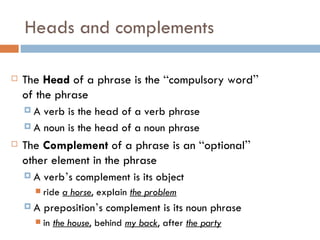 Heads and complements The  Head  of a phrase is the  “ compulsory word ”  of the phrase A verb is the head of a verb phrase A noun is the head of a noun phrase The  Complement  of a phrase is an  “ optional ”  other element in the phrase A verb ’ s complement is its object ride  a horse , explain  the problem A preposition ’ s complement is its noun phrase in  the house , behind  my back , after  the party 