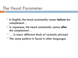The Head Parameter In English, the head consistently comes  before  the complement … In Japanese, the head consistently comes  after  the complement … …   in many different kinds of syntactic phrases! This same pattern is found in other languages 