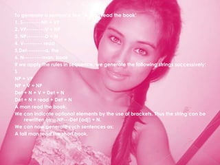 To generate a sentence like `A man read the book’
1. S---------NP + VP
2. VP---------V + NP
3. NP---------D + N
4. V--------- read
5.Det---------a, the
6. N---------man, book
If we apply the rules in sequence, we generate the following strings successively:
S
NP + VP
NP + V + NP
Det + N + V + Det + N
Det + N + read + Det + N
A man read the book.
We can indicate optional elements by the use of brackets. Thus the string can be
     rewritten as: NP---Det (adj) + N.
We can now generate such sentences as:
A tall man read the short book.
 