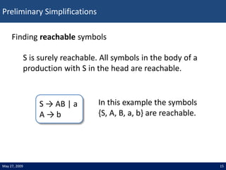 Preliminary Simplifications
15
May 27, 2009
Finding reachable symbols
S is surely reachable. All symbols in the body of a
...