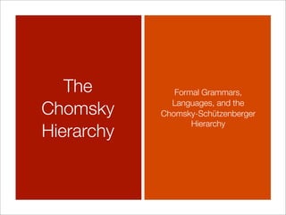 The
Chomsky
Hierarchy
Formal Grammars,
Languages, and the
Chomsky-Schützenberger
Hierarchy
 