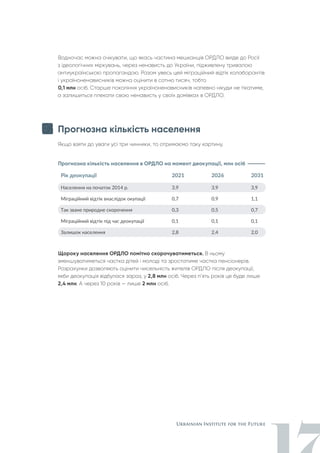 Щороку населення ОРДЛО помітно скорочуватиметься. В ньому
зменшуватиметься частка дітей і молоді та зростатиме частка пенсіонерів.
Розрахунки дозволяють оцінити чисельність жителів ОРДЛО після деокупації,
якби деокупація відбулася зараз, у 2,8 млн осіб. Через п’ять років це буде лише
2,4 млн. А через 10 років — лише 2 млн осіб.
Прогнозна кількість населення
Якщо взяти до уваги усі три чинники, то отримаємо таку картину.
Прогнозна кількість населення в ОРДЛО на момент деокупації, млн осіб
Водночас можна очікувати, що якась частина мешканців ОРДЛО виїде до Росії
з ідеологічних міркувань, через ненависть до України, підживлену тривалою
антиукраїнською пропагандою. Разом увесь цей міграційний відтік колаборантів
і україноненависників можна оцінити в сотню тисяч, тобто
0,1 млн осіб. Старше покоління україноненависників напевно нікуди не тікатиме,
а залишиться плекати свою ненависть у своїх домівках в ОРДЛО.
 