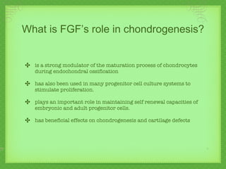 What is FGF’s role in chondrogenesis? is a strong modulator of the maturation process of chondrocytes during endochondral ossification  has also been used in many progenitor cell culture systems to stimulate proliferation.  plays an important role in maintaining self renewal capacities of embryonic and adult progenitor cells. has beneficial effects on chondrogenesis and cartilage defects 