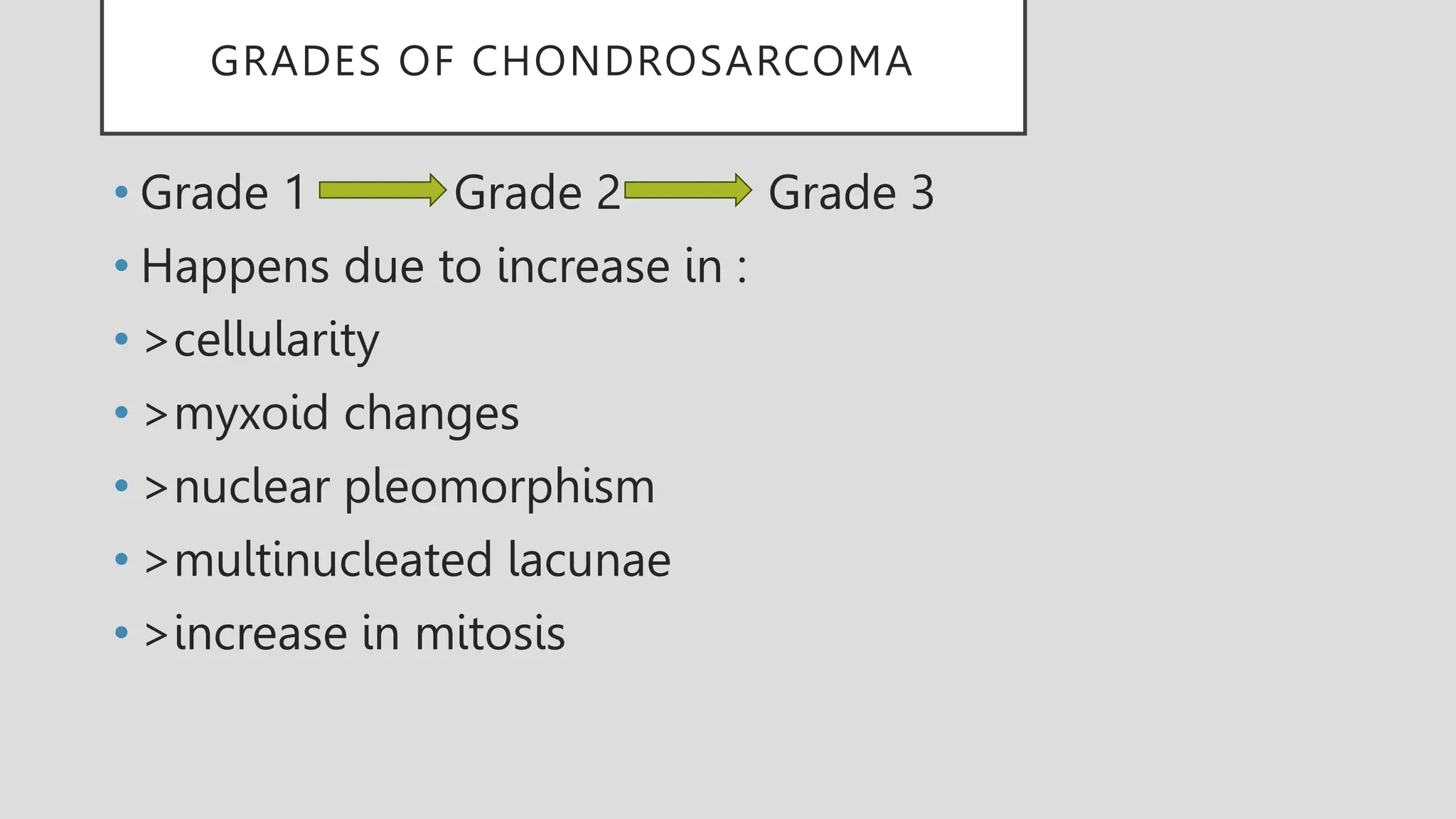 GRADES OF CHONDROSARCOMA
• Grade 1 Grade 2 Grade 3
• Happens due to increase in :
• >cellularity
• >myxoid changes
• >nuclear pleomorphism
• >multinucleated lacunae
• >increase in mitosis
 