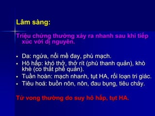 Lâm sàng:
Triệu chứng thường xảy ra nhanh sau khi tiếp
xúc với dị nguyên.
 Da: ngứa, nổi mề đay, phù mạch.
 Hô hấp: khó thở, thở rít (phù thanh quản), khò
khè (co thắt phế quản).
 Tuần hoàn: mạch nhanh, tụt HA, rối loạn tri giác.
 Tiêu hoá: buồn nôn, nôn, đau bụng, tiêu chảy.
Tử vong thường do suy hô hấp, tụt HA.
 