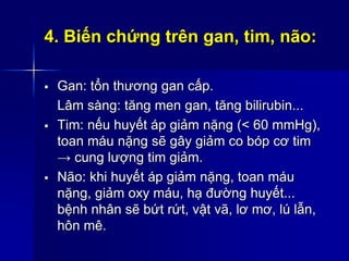 4. Biến chứng trên gan, tim, não:
 Gan: tổn thương gan cấp.
Lâm sàng: tăng men gan, tăng bilirubin...
 Tim: nếu huyết áp giảm nặng (< 60 mmHg),
toan máu nặng sẽ gây giảm co bóp cơ tim
→ cung lượng tim giảm.
 Não: khi huyết áp giảm nặng, toan máu
nặng, giảm oxy máu, hạ đường huyết...
bệnh nhân sẽ bứt rứt, vật vã, lơ mơ, lú lẫn,
hôn mê.
 