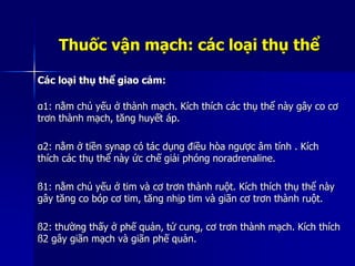 Thuốc vận mạch: các loại thụ thể
Các loại thụ thể giao cảm:
α1: nằm chủ yếu ở thành mạch. Kích thích các thụ thể này gây co cơ
trơn thành mạch, tăng huyết áp.
α2: nằm ở tiền synap có tác dụng điều hòa ngược âm tính . Kích
thích các thụ thể này ức chế giải phóng noradrenaline.
ß1: nằm chủ yếu ở tim và cơ trơn thành ruột. Kích thích thụ thể này
gây tăng co bóp cơ tim, tăng nhịp tim và giãn cơ trơn thành ruột.
ß2: thường thấy ở phế quản, tử cung, cơ trơn thành mạch. Kích thích
ß2 gây giãn mạch và giãn phế quản.
 