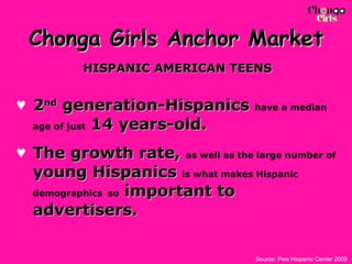 Chonga Girls Anchor Market HISPANIC AMERICAN TEENS 2 nd  generation-Hispanics   have a median age of just   14 years-old. The growth rate,   as well as the large number of   young Hispanics   is what makes Hispanic demographics   so   important to advertisers.   Source: Pew Hispanic Center 2009 