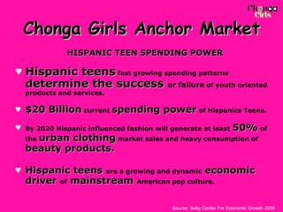 Chonga Girls Anchor Market HISPANIC TEEN SPENDING POWER Hispanic teens  fast growing spending patterns  determine the success   or failure  of youth oriented products and services.  $20 Billion  current  spending power  of Hispanics Teens.  By 2020 Hispanic influenced fashion will   generate at least   50%   of the  urban clothing  market sales and heavy consumption of  beauty products. Hispanic teens   are a growing and dynamic   economic   driver   of   mainstream   American pop culture. Source: Selig Center For Economic Growth 2008 