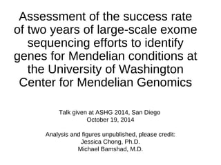 Assessment of the success rate 
of two years of large-scale exome 
sequencing efforts to identify 
genes for Mendelian conditions at 
the University of Washington 
Center for Mendelian Genomics 
Talk given at ASHG 2014, San Diego 
October 19, 2014 
Analysis and figures unpublished, please credit: 
Jessica Chong, Ph.D. 
Michael Bamshad, M.D. 
 