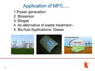 1.Power generation
2. Biosensor
3. Biogas
4. As alternative of waste treatment:-
5. Bio-fuel Applications: Gases
 