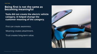 CORE THESIS
Being first is not the same as
becoming meaningful
Tesla did not create the electric vehicle
category. It helped change the
customer meaning of the category.
First can create awareness.
Meaning creates attachment.
Trust creates long-term value.
Choong Whan Park USC | Tesla Brand Attachment Case Study 3
 