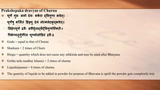 Prakshepaka dravyas of Churna
 चूर्े गुडः समो देयः शक
ण रा द्द्पिगुर्ा भिेि्।
चूर्ेर्ु भच्जणिं हिङ्गु देयं नोत््िेदकृ द्द्भिेि्॥
लििेवचूर्ं रिैः सिैर्ृणिाद्द्यैद्द्णपिगुर्ोच्न्मिैः।
पिबेवचिुगुणर्ैरेि चूर्णमाणिोडडिं रिैः॥
 Guda = equal to that of Churna
 Sharkara = 2 times of Churn
 Hingu = quantity which dose not cause any uthkleda and mus be used after Bharjana.
 Gritha taila madhu( lehana) = 2 times of churna
 Liquids(paana) = 4 times of churna.
 The quantity of liquids to be added in powder for purpose of Bhavana is uptill the powder gets completely wet.
 