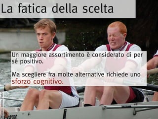 La fatica della scelta


                           Un maggiore assortimento è considerato di per
                           sé positivo.

                           Ma scegliere fra molte alternative richiede uno
                           sforzo cognitivo.
Photo: j_brittin, Flickr
 