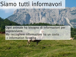 Siamo tutti informavori


 Ogni animale ha bisogno di informazioni per
 sopravvivere.
 Ma raccogliere informazioni ha un costo
 –> information foraging
 