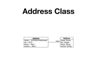 Address Class


           :Address                        Address
street = 'Schützenmattstrasse'   class street: String
plz = 3012                             plz: Integer
place = 'Bern'                         place: String
canton = 'Bern'                        canton: String
 