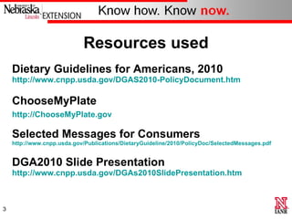 Resources used <ul><li>Dietary Guidelines for Americans, 2010  http://www.cnpp.usda.gov/DGAS2010-PolicyDocument.htm </li><...
