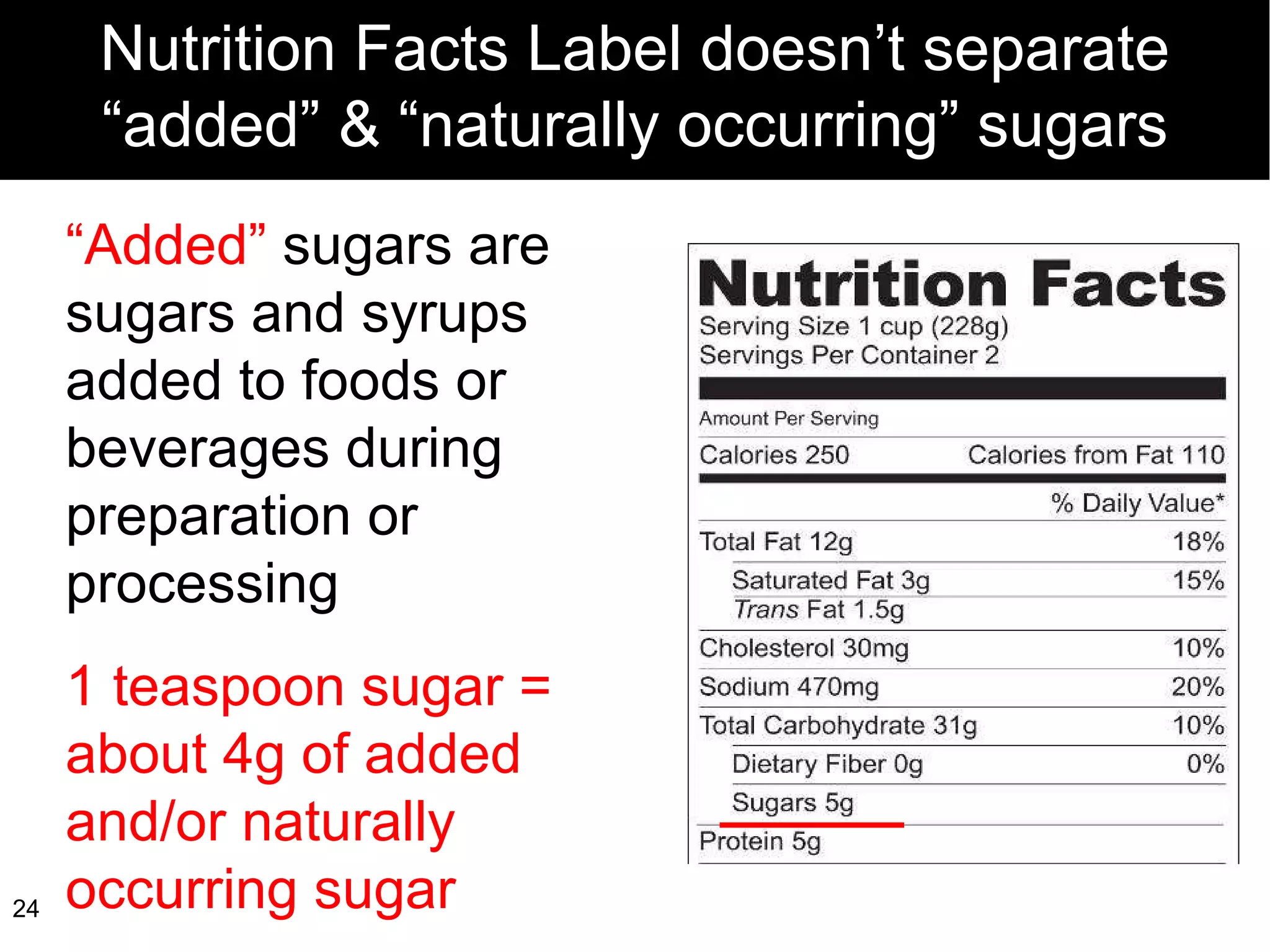 Nutrition Facts Label doesn’t separate “added” & “naturally occurring” sugars “ Added”  sugars are sugars and syrups added to foods or beverages during preparation or processing 1 teaspoon sugar = about 4g of added and/or naturally occurring sugar 