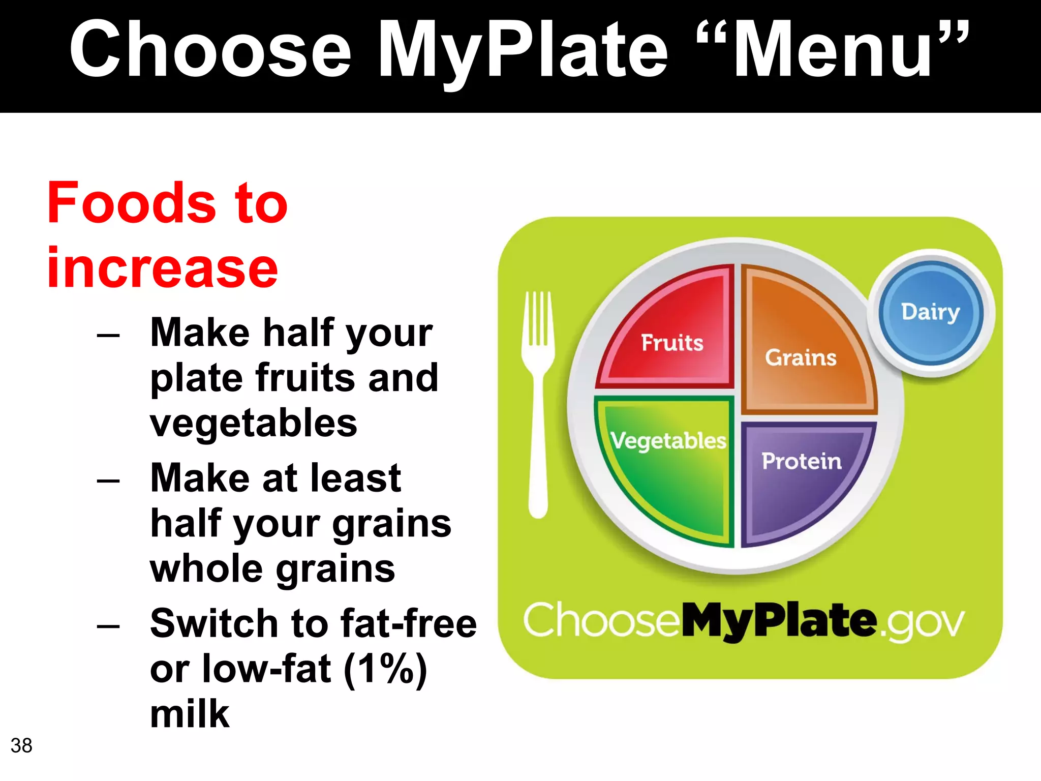 Choose MyPlate “Menu” Foods to increase Make half your plate fruits and vegetables Make at least half your grains whole grains Switch to fat-free or low-fat (1%) milk 