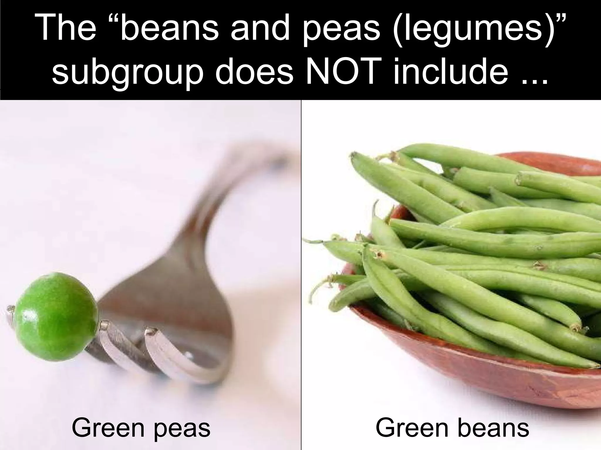 The “beans and peas (legumes)” subgroup does NOT include ... Green  peas Green  beans 