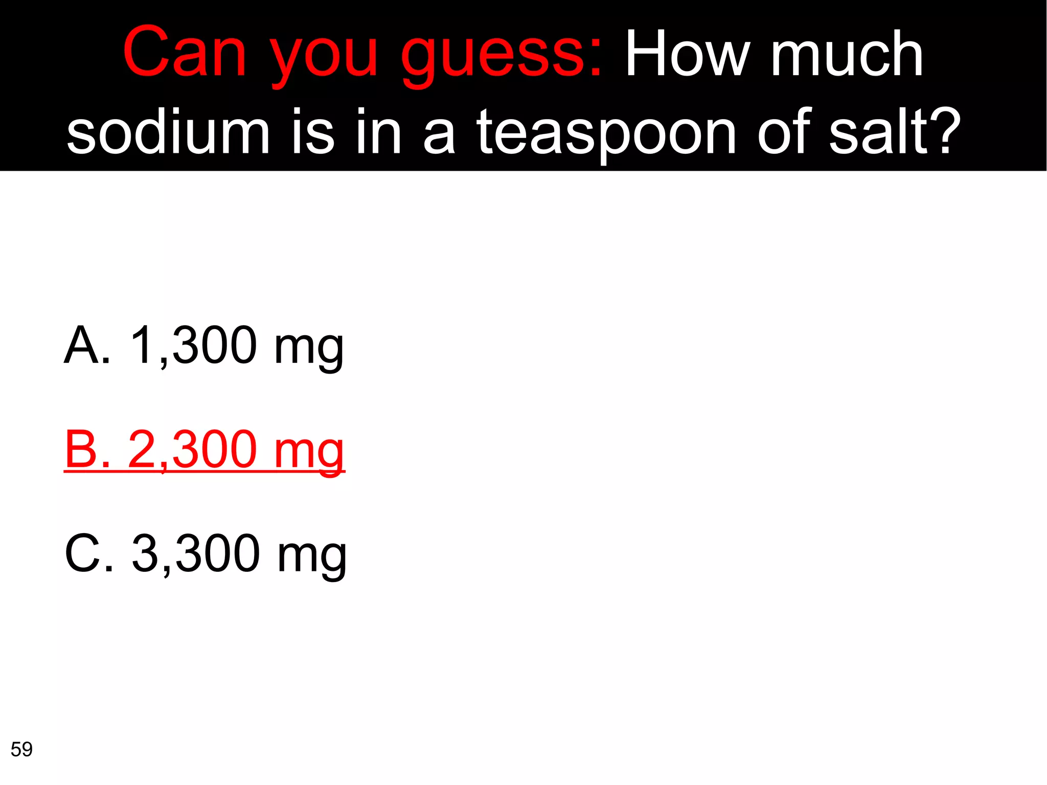 Can you guess:  How much sodium is in a teaspoon of salt?  A. 1,300 mg B. 2,300 mg C. 3,300 mg  