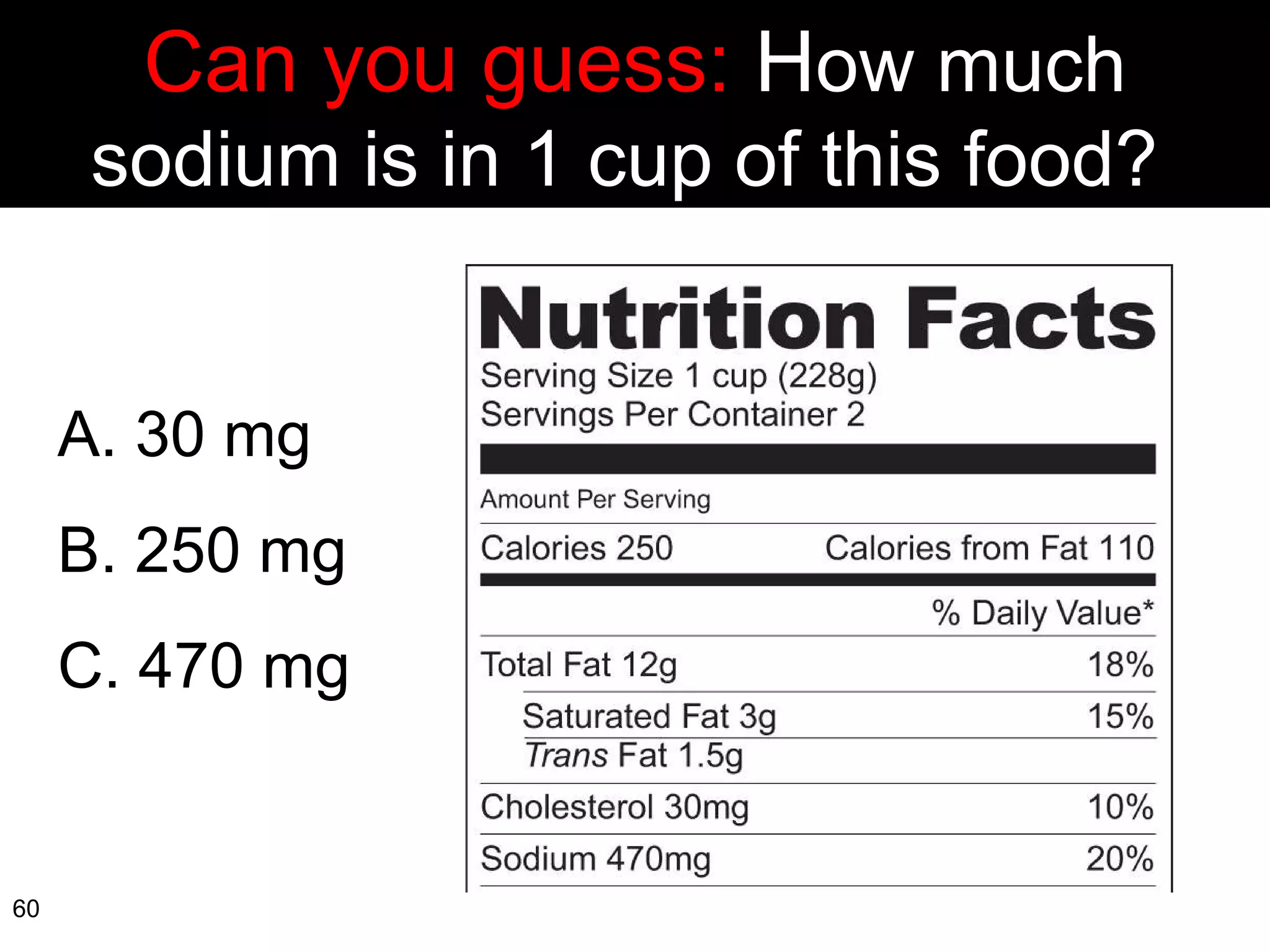A. 30 mg B. 250 mg C. 470 mg  Can you guess:  H ow much sodium is in 1 cup of this food?  