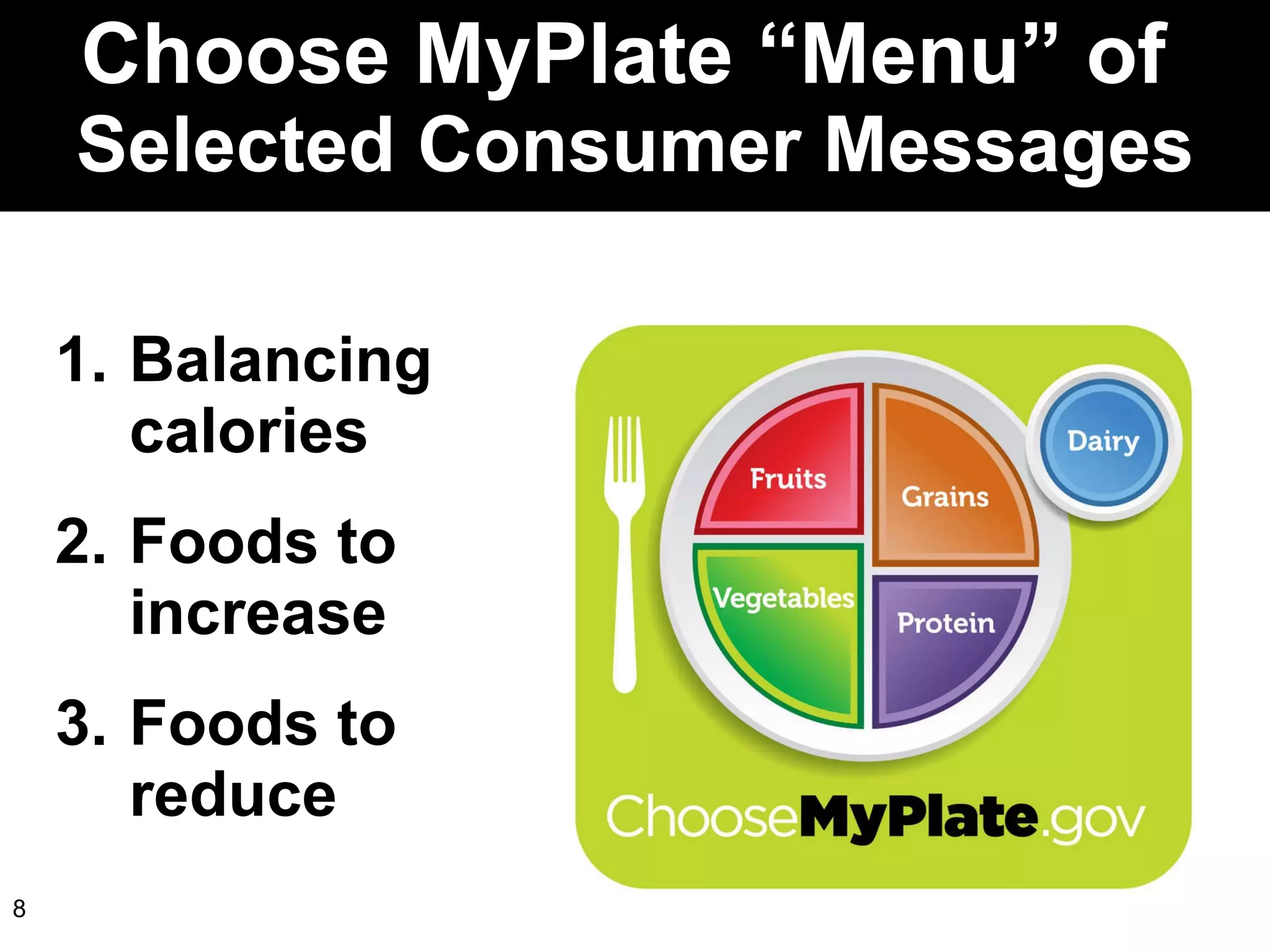 Choose MyPlate “Menu” of  Selected Consumer Messages Balancing calories Foods to increase Foods to reduce 