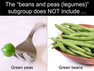 The “beans and peas (legumes)” subgroup does NOT include ... Green  peas Green  beans 