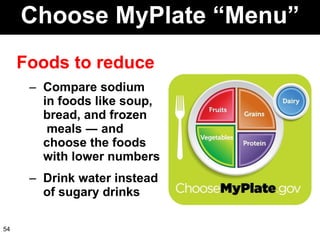 Choose MyPlate “Menu” Foods to reduce Compare sodium  in foods like soup, bread, and frozen  meals ― and  choose the foods  with lower numbers Drink water instead  of sugary drinks  