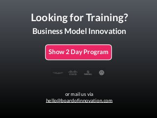 Business Model Innovation
Looking for Training?
Show 2 Day Program
or mail us via 
hello@boardofinnovation.com
 