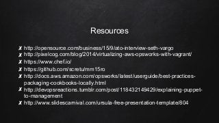Resources
✘ http://opensource.com/business/15/9/ato-interview-seth-vargo
✘ http://pixelcog.com/blog/2014/virtualizing-aws-...