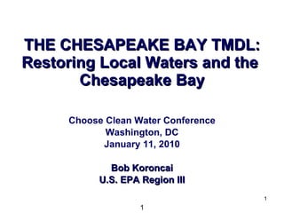 THE CHESAPEAKE BAY TMDL: Restoring Local Waters and the  Chesapeake Bay Choose Clean Water Conference Washington, DC January 11, 2010 Bob Koroncai U.S. EPA Region III 