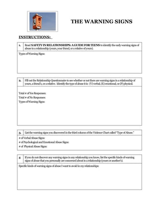 THE WARNING SIGNS

INSTRUCTIONS:

1.   Read SAFETY IN RELATIONSHIPS: A GUIDE FOR TEENS to identify the early warning signs of
     abuse in a relationship (yours, your friend, or a relative of yours).
Types of Warning Signs:




2.   Fill out the Relationship Questionnaire to see whether or not there are warning signs in a relationship of
     yours, a friend’s, or a relative. Identify the type of abuse it is: (V) verbal, (E) emotional, or (P) physical.


Total # of Yes Responses:
Total # of No Responses:
Types of Warning Signs:




3.   List the warning signs you discovered in the third column of the Violence Chart called “Type of Abuse.”
# of Verbal Abuse Signs:
# of Psychological and Emotional Abuse Signs:
# of Physical Abuse Signs:


4    If you do not discover any warning signs in any relationship you know, list the specific kinds of warning
     signs of abuse that you personally are concerned about in a relationship (yours or another’s).
Specific kinds of warning signs of abuse I want to avoid in my relationships:
 