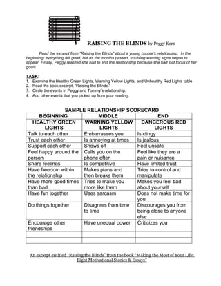 RAISING THE BLINDS by Peggy Kern
       Read the excerpt from “Raising the Blinds” about a young couple’s relationship. In the
beginning, everything felt good, but as the months passed, troubling warning signs began to
appear. Finally, Peggy realized she had to end the relationship because she had lost focus of her
goals.

TASK:
1. Examine the Healthy Green Lights, Warning Yellow Lights, and Unhealthy Red Lights table
2. Read the book excerpt, “Raising the Blinds.”
3. Circle the events in Peggy and Tommy’s relationship.
4. Add other events that you picked up from your reading.


                  SAMPLE RELATIONSHIP SCORECARD
      BEGINNING               MIDDLE                  END
    HEALTHY GREEN       WARNING YELLOW        DANGEROUS RED
         LIGHTS                LIGHTS                LIGHTS
 Talk to each other    Embarrasses you      Is clingy
 Trust each other      Is annoying at times Is jealous
 Support each other    Shows off            Feel unsafe
 Feel happy around the Calls you on the     Feel like they are a
 person                phone often          pain or nuisance
 Share feelings        Is competitive       Have limited trust
 Have freedom within   Makes plans and      Tries to control and
 the relationship      then breaks them     manipulate
 Have more good times Tries to make you     Makes you feel bad
 than bad              more like them       about yourself
 Have fun together     Uses sarcasm         Does not make time for
                                            you
 Do things together    Disagrees from time  Discourages you from
                       to time              being close to anyone
                                            else
 Encourage other       Have unequal power Criticizes you
 friendships




  An excerpt entitled “Raising the Blinds” from the book “Making the Most of Your Life:
                           Eight Motivational Stories & Essays”
 