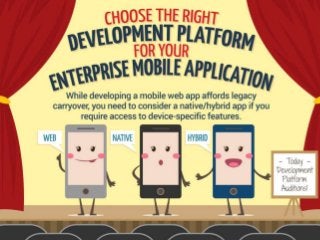 Choose the Right Development Platform for Your Enterprise Mobile Application 
While developing a mobile web app affords legacy carryover, you need to consider a native/hybrid app if you require access todevice-specific 
features. 
Application development managers need to address the key business problems with the development of mobile enterprise apps: 
workforce mobilization, bring-your-own-device (BYOD), and long-term architecture misalignment. They are looking for a technique to 
select the most appropriate mobile platform and a comprehensive plan to implement Start with what you have: begin with a mobile web 
platform to minimize impacts to your existing development skill sets and technical stack while addressing business needs. Resort to a 
hybrid application only if you require device access.Look for people with deep skills in your legacy dev and acquire skills in mobile. This 
combination of legacy and mobile skills will help you address potential integration issues. Reach out to individuals who have experience 
with web dev in your company as they can provide key process and technical insights. 
Remain platform independent for now and avoid device-dependent use cases. Otherwise, it could lead to a default native platform and 
impose new skills or tools, driving up costs. You want your mobile platform to accommodate changing priority functions, use cases, and 
user stories at this stage. 
If you don’t align with your user stories and IT drivers, you risk fragmenting your development environment which will increase future 
maintenance costs. Your previous experience with the web, user stories, and IT drivers will make the transition to a mobile platform easier. 
Evaluate your existing development toolset to determine if it can be modified to accommodate mobile. Look for vendors who offer 
integration capabilities with your current toolset in order to minimize the impact on your existing development process and skills set. 
Ensure your metrics address platform-specific criteria in order to determine success. Any metrics that are highly technical will need to roll 
up into platform selection objectives. Leverage your metrics from your experiences with web development as a starting point to gauge the 
success of your mobile web platform. 
Gauge the execution of your mobile platform to determine its overall success. Realize that mobile development is an iterative process and 
your people, process, and technology must be capable of accommodating changes. Web technologies give you the flexibility to quickly 
make modifications and redeploy them to all devices. 
 