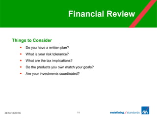 Financial Review Things to Consider Do you have a written plan?  What is your risk tolerance?  What are the tax implications?  Do the products you own match your goals?  Are your investments coordinated? 