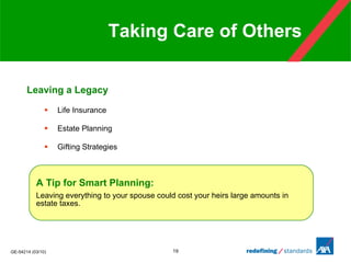 Taking Care of Others Leaving a Legacy Life Insurance Estate Planning Gifting Strategies A Tip for Smart Planning: Leaving everything to your spouse could cost your heirs large amounts in estate taxes. 