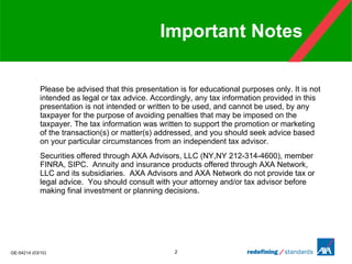 Important Notes Please be advised that this presentation is for educational purposes only. It is not intended as legal or tax advice. Accordingly, any tax information provided in this presentation is not intended or written to be used, and cannot be used, by any taxpayer for the purpose of avoiding penalties that may be imposed on the taxpayer. The tax information was written to support the promotion or marketing of the transaction(s) or matter(s) addressed, and you should seek advice based on your particular circumstances from an independent tax advisor. Securities offered through AXA Advisors, LLC (NY,NY 212-314-4600), member FINRA, SIPC.  Annuity and insurance products offered through AXA Network, LLC and its subsidiaries.  AXA Advisors and AXA Network do not provide tax or legal advice.  You should consult with your attorney and/or tax advisor before making final investment or planning decisions. 