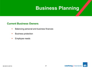 Business Planning Current Business Owners Balancing personal and business finances Business protection Employee needs 