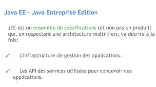 Java EE – Java Entreprise Edition
JEE est un ensemble de spécifications (et non pas un produit)
qui, en respectant une architecture multi-tiers, va décrire à la
fois:
✓ L'infrastructure de gestion des applications.
✓ Les API des services utilisées pour concevoir ces
applications.
 